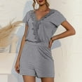 thumbnail image 6 of Womens Short Rompers for Summer Plain Short Sleeve Lace Trim V Neck Casual Loose Elastic Waist Shorts Beach Jumpsuits, 6 of 7