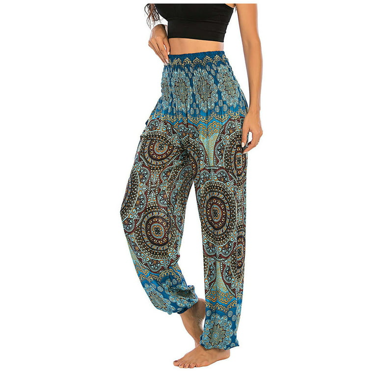 YWDJ Yoga Pants Women Cotton Men Women Thai Harem Trousers Boho Festival  Hippy Smock High Waist Yoga Pants Blue One Size 