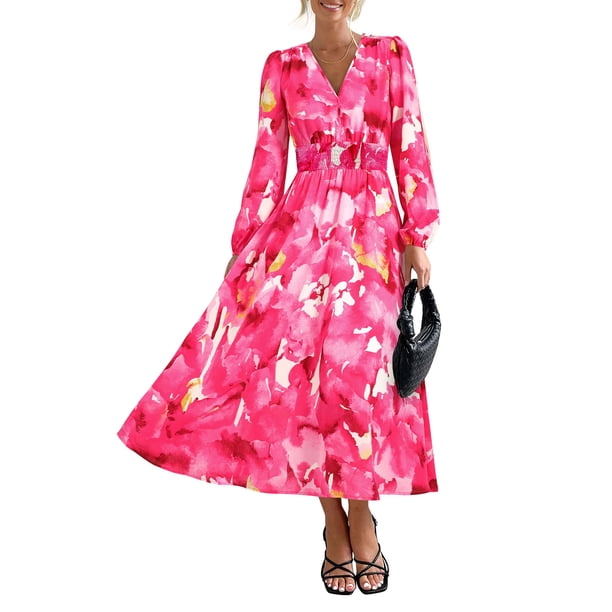 Vestido PRETTYGARDEN Floral Midi con Escote en V y Mangas Largas Talla XXL