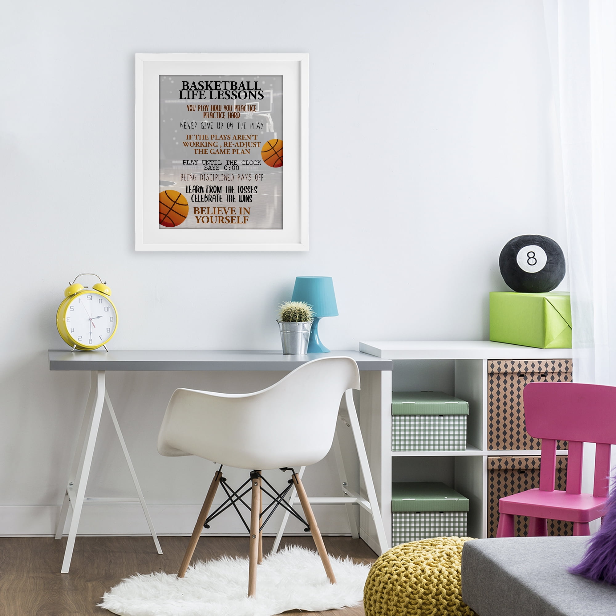 Basketball Life Lessons White Framed Print Under Glass, design by Kim Allen