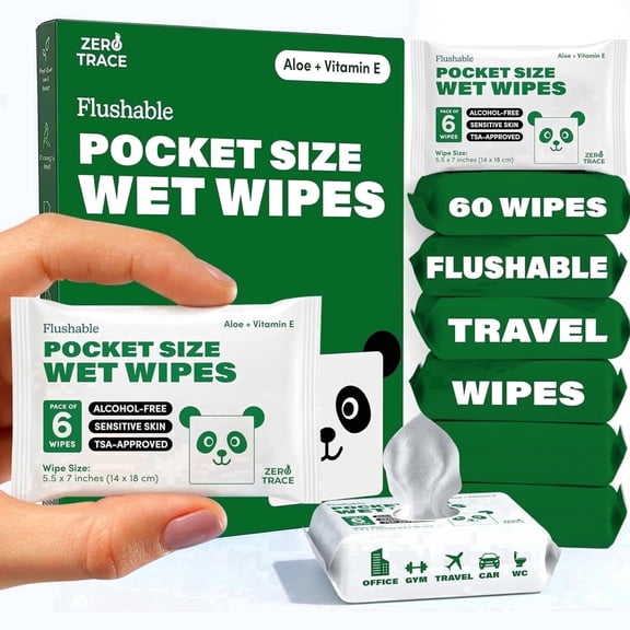 Zero Trace Flushable Travel Wipes Pocket Size Personal Cleansing Wipes with Aloe Alcohol-Free & Hypoallergenic Safe for Sensitive Skin Biodegradable 60 Count (10 Packs of 6)