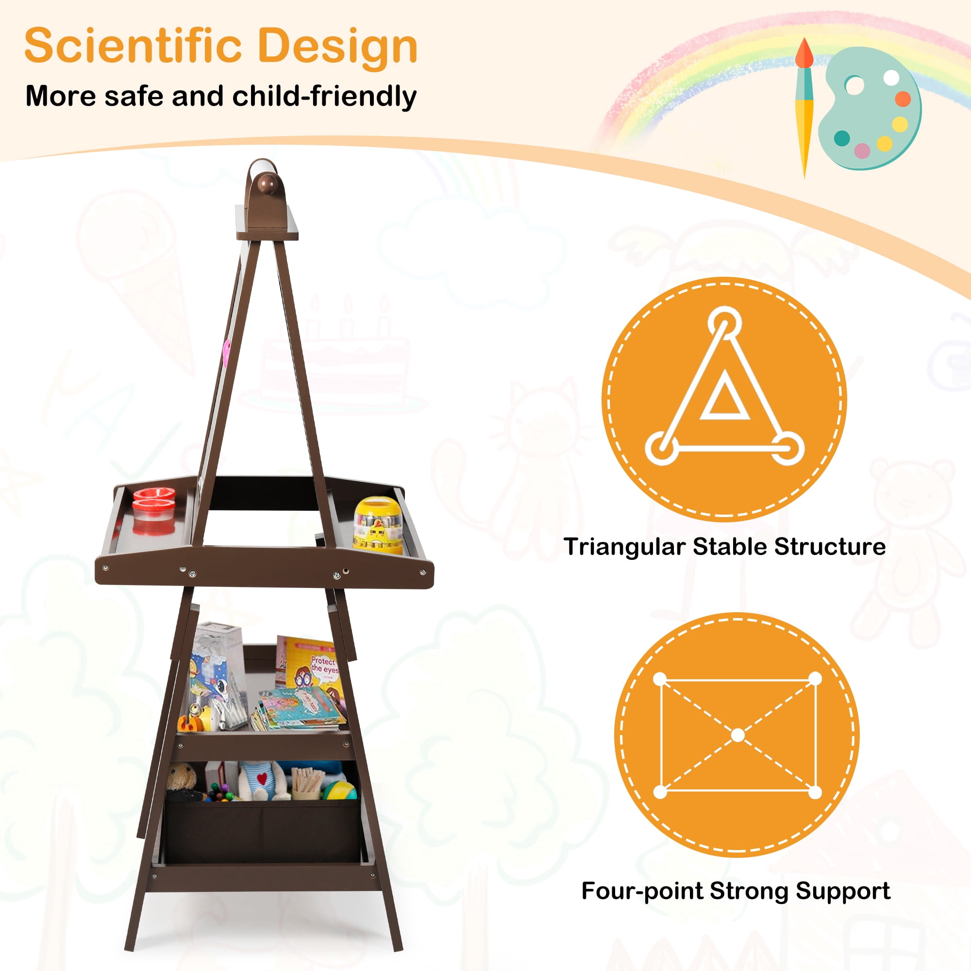 LINLUX 3 in 1 Kids Art Easel Drawing Board Double-Sided Whiteboard Chalkboard, Coffee