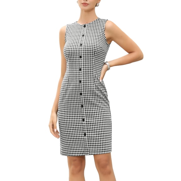 DARING DIVA Women's Sleeveless Plaid Dresses Round Neck Work Sheath Midi Dress XS Black