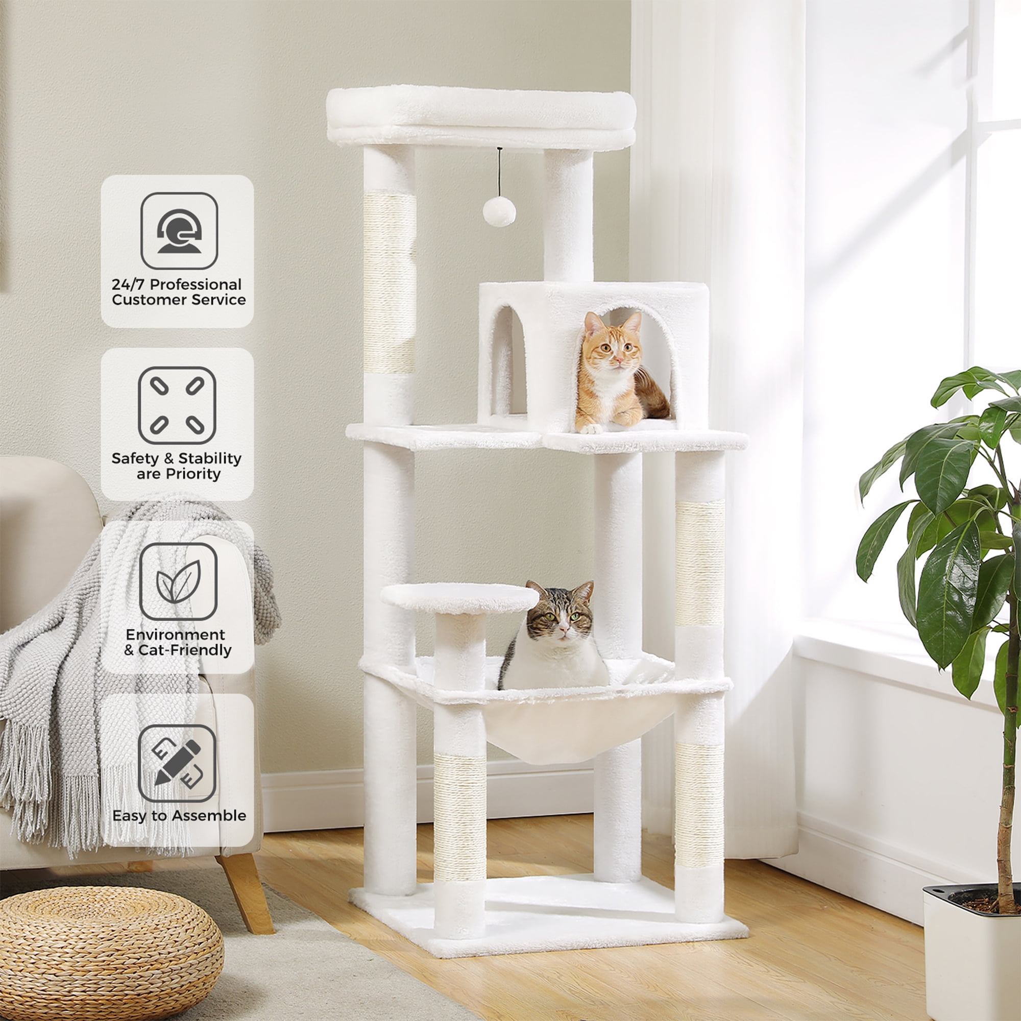 Kadyn 56" Wood Cat Tree Tower for Large Cats, Cat Tree House for Indoor Cats with Cozy Cat Condo, Super Large Hammock and Plush Perches, White