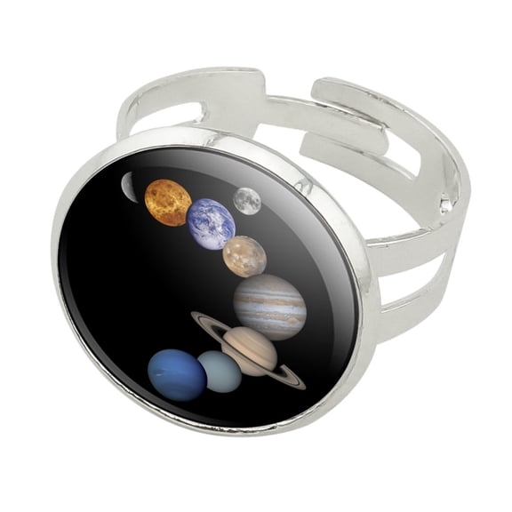 Solar System Planets Mercury Venus Mars Earth Moon Jupiter Saturn Uranus Neptune Silver Plated Adjustable Novelty Ring