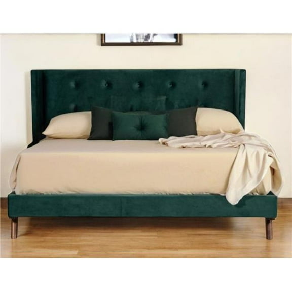 HomeRoots 486220 Green Wood & Tufted Velvet King Size Bed Frame