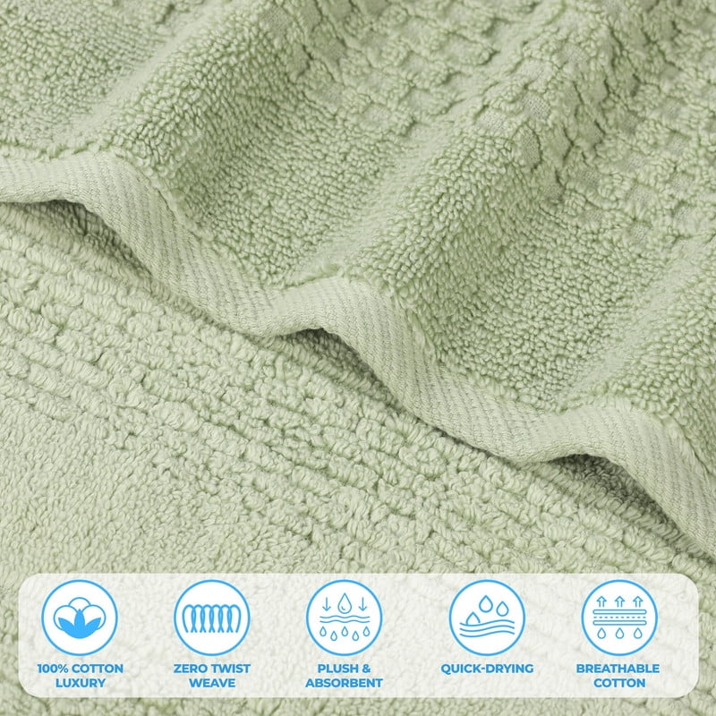 Superior Playa Zero Twist Cotton Solid Waffle Textured 3 Piece Towel Set, Green