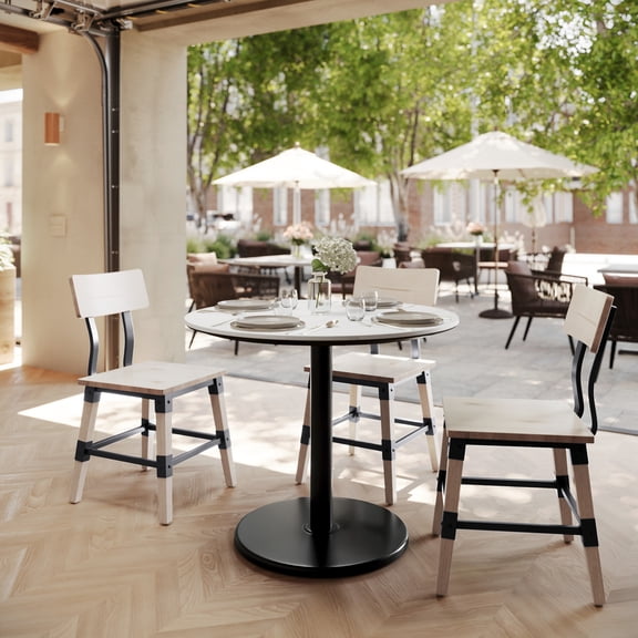Flash Furniture 36" Round Tabletop with TopGuard HPL Technology in White Faux Marble with 24" Black Round Table Height Base