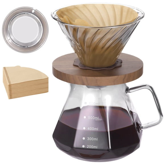Pour Over Coffee Maker Set – 21 oz Glass Carafe with Handle, Dripper with Walnut Collar & 100 Paper Filters, Manual Drip Brewer for Home, Office, Camping