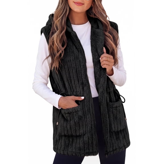 Womens Fleece Vest Hooded Sherpa Zip Front Sleeveless Jacket with Pockets Drawstring Waist Warm Outerwear for Spring Fall Winter