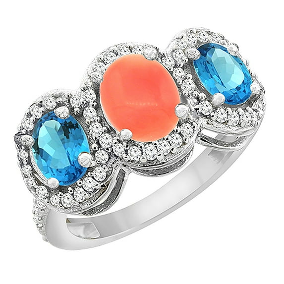 10K White Gold Natural Coral & Swiss Blue Topaz 3-Stone Ring Oval Diamond Accent, size 10