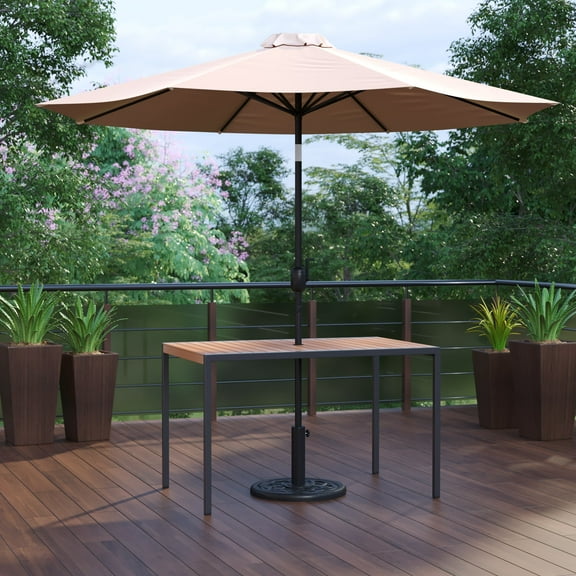 BizChair 3 Piece Outdoor Patio Table Set - 30" x 48" Square Synthetic Teak Patio Table with Tan Umbrella and Base