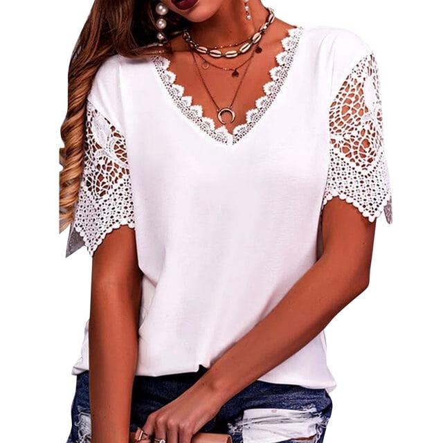 Blusa casual de manga corta con cuello en V y ribete de encaje de color puro para mujer para uso diario Blanco XL
