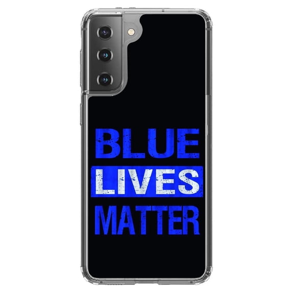 DistinctInk Clear Shockproof Hybrid Case for Galaxy S21 5G (6.2" Screen) - TPU Bumper, Acrylic Back, Tempered Glass Screen Protector - Blue Lives Matter Law Enforcement - First Responders