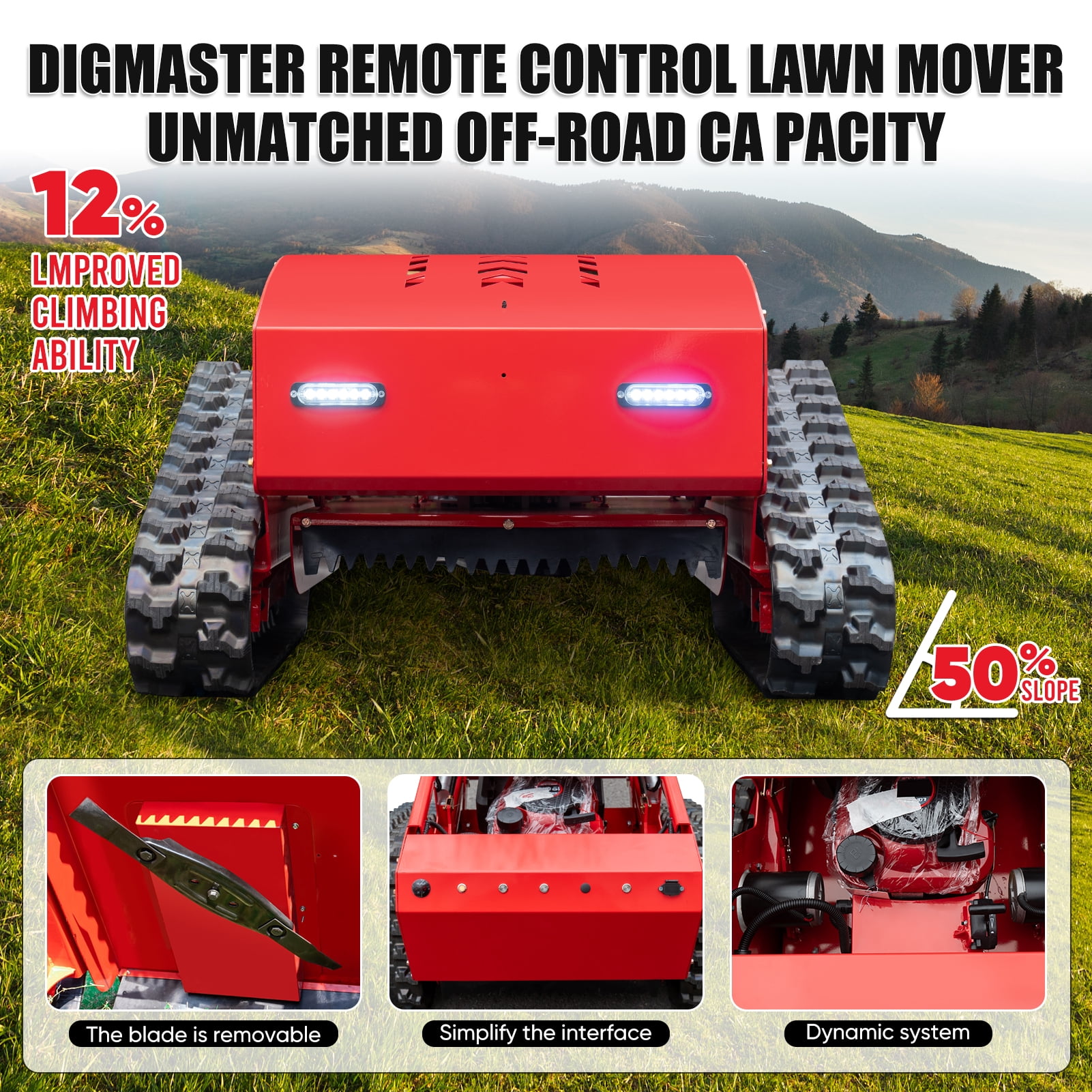 MMS Remote Control Track 21.65" Lawn Mower With 9HP 224cc Gas Engine, One-Hand Control Remote, Adjustable Cutting Height Robotic Lawn Mower for Slopes, Orchards & Commercial Landscaping