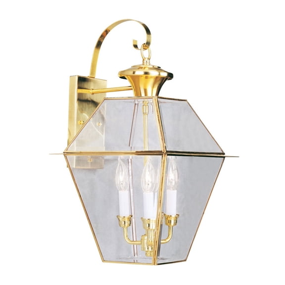 12 inch 3 Light Polished Brass Outdoor Wall Lantern Pendant Lighting Fixture with Clear Beveled Glass Shade backed with Hand Crafted Solid Brass material for patio, front porch, entryway and more