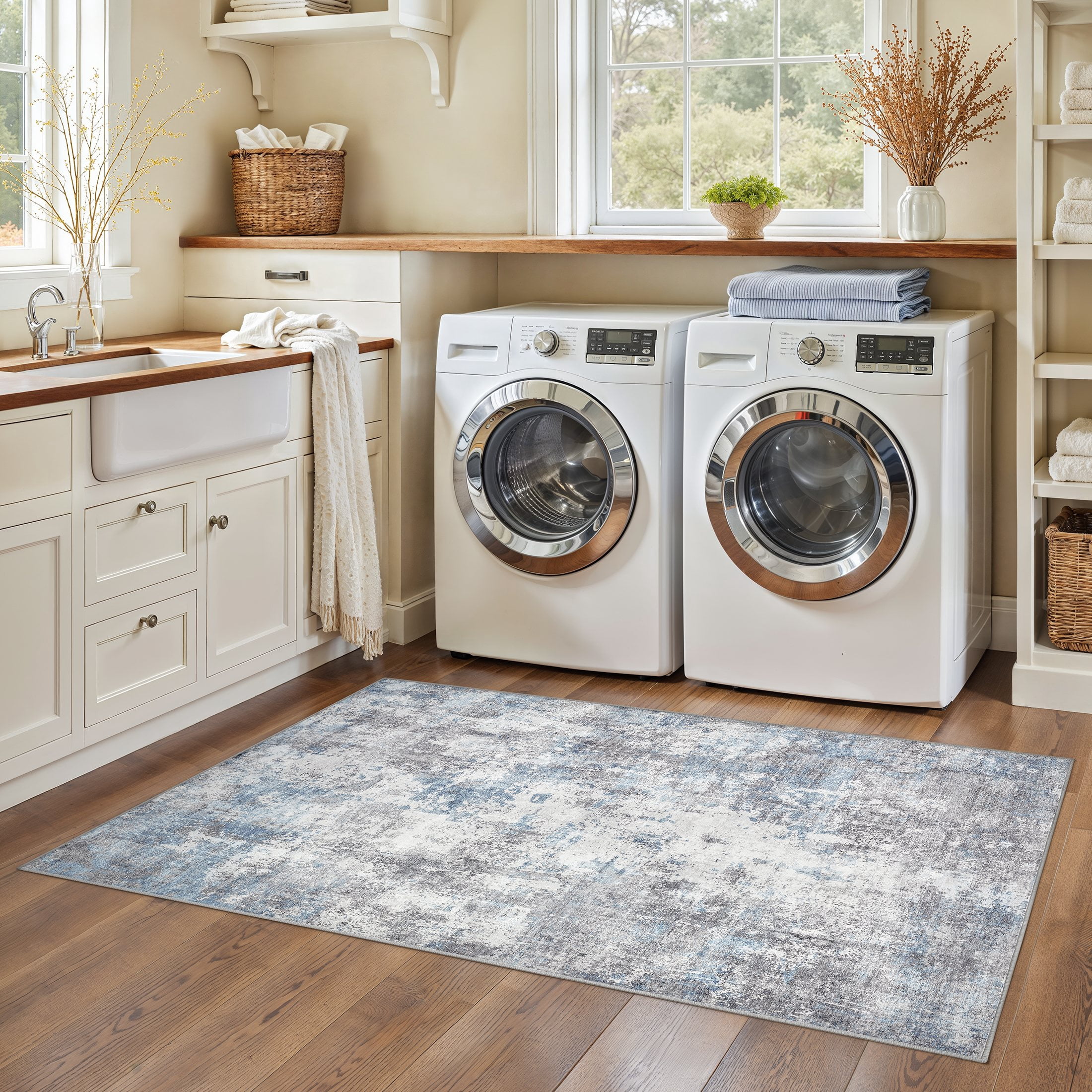 Uermei 3x5 Washable Entryway Rug: Non-Slip Soft Abstract Indoor Area Rug for Living Room Kitchen Bedroom, Stain-Resistant Door Mat Throw Carpet for Laundry Foyer Home Decor - Blue Gray
