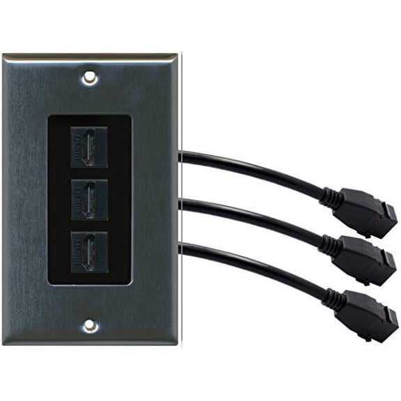 RiteAV (1 Gang Decorative 3 HDMI Black Wall Plate w/Pigtail Extension Cable Stainless (Black Insert)