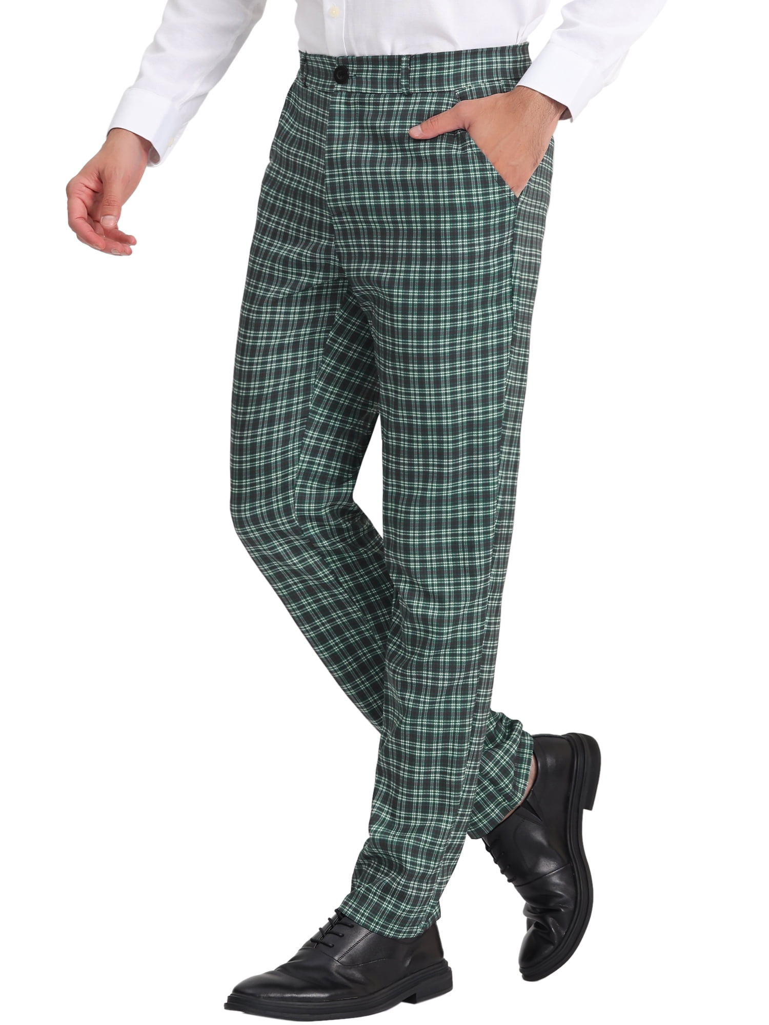 Unique Bargains Men's Flat Front Plaid Pants Formal Business Checked Trousers 28 Dark Green White