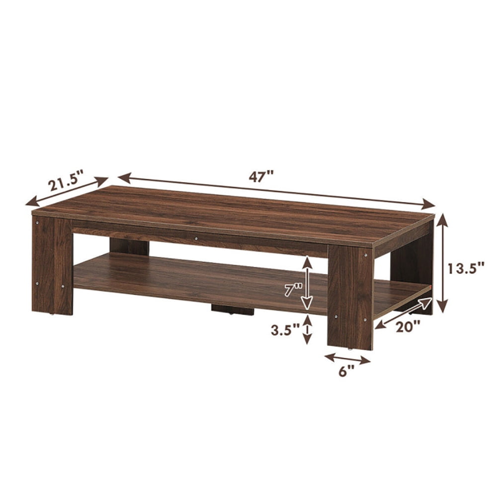 Finihen Rectangular Coffee Table, 47 Inch 2-Tier Rectangular Coffee Table with Storage Shelf, for Living Room, Reception Room, Office, Brown Finihen Rectangular Coffee Table, 47 Inch 2-Tier Rectangular Coffee Table with Storage Shelf, for Living Room, Reception Room, Office, Brown