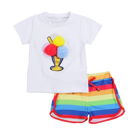 

Rovga Girls Outfit Sets Baby Kids Girl Outfits Printed Short Sleeve O Neck Casual Tops+Rainbow Stripe Shorts 2Pcs Clothes Set Toddler Girls Clothing