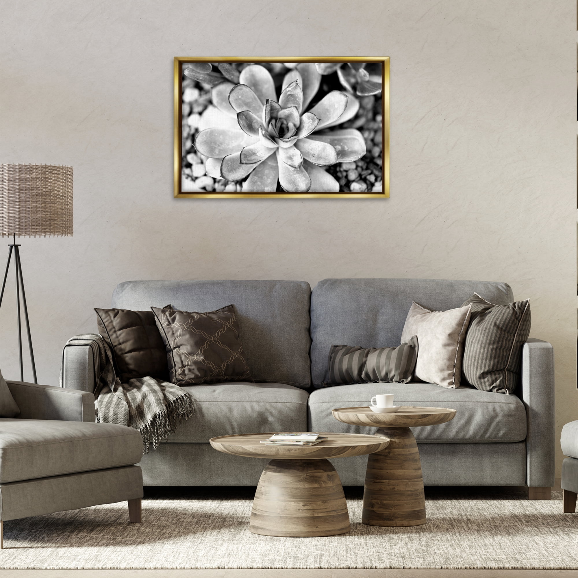 Stupell Industries Monochrome Succulent Leaves Botanical & Floral Photography Gold Floater Framed Canvas Art Print Wall Art, 31 x 21