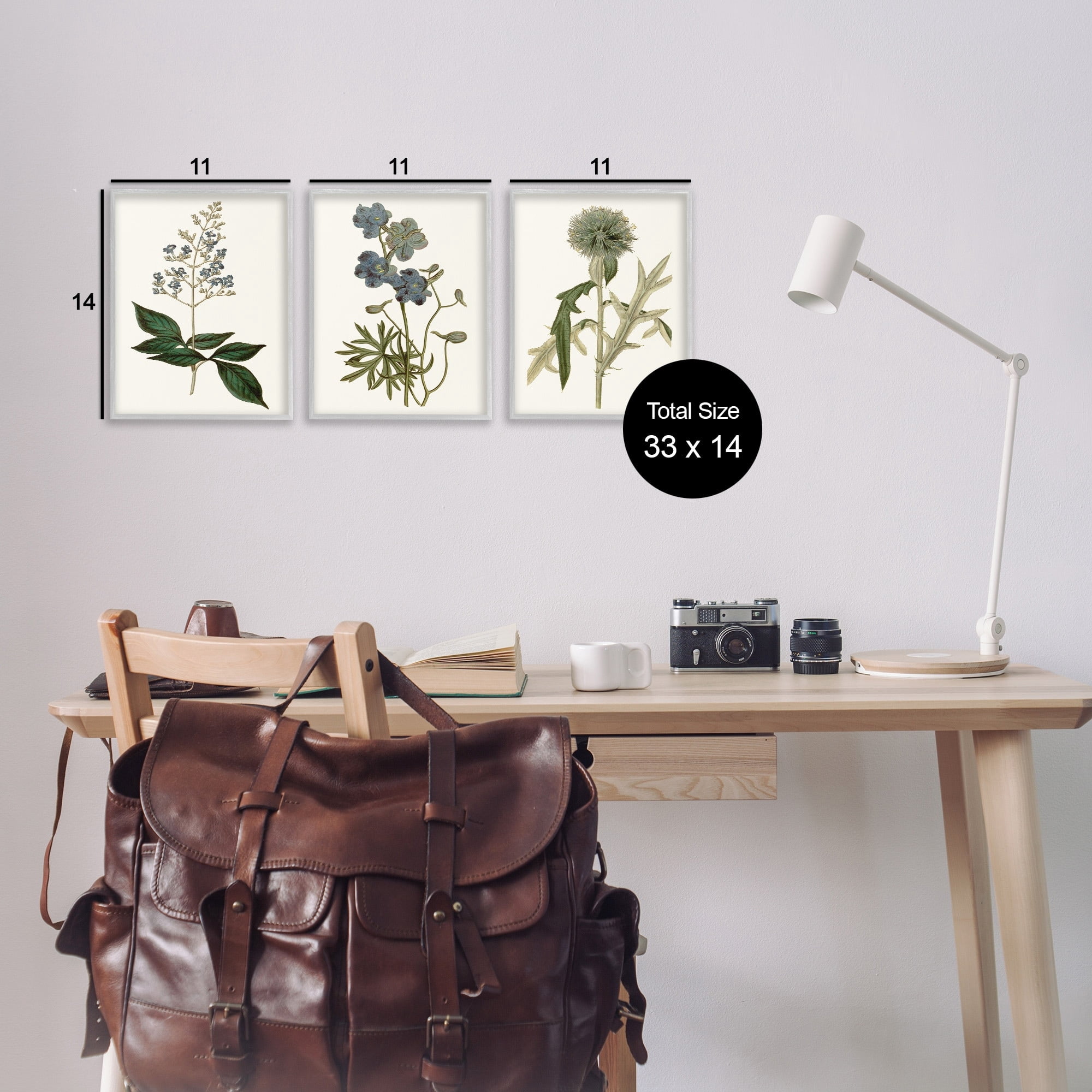 Stupell Industries Vintage Blue Botanical Flowers on Beige Design by Curtis, 3 Piece, 11" x 14", Gray Framed