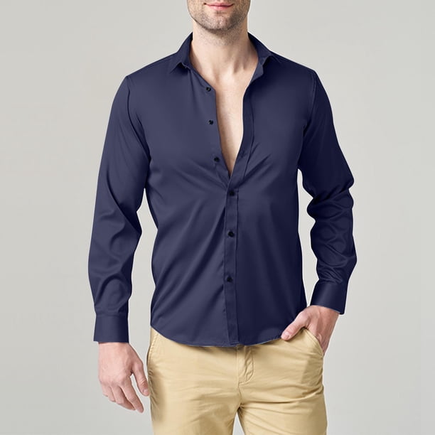 Blusa y camisa de manga larga con cuello vuelto para hombre, informal, con botones, lisa, de manga larga, transpirable, de poliéster