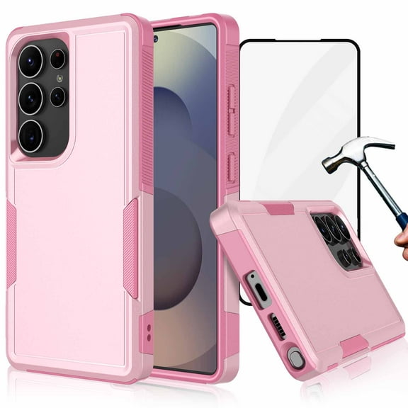 For Samsung Galaxy S25 5G Phone Case, with Tempered Glass Screen Protector, Heavy Duty Rugged Shockproof Full Body Protection Sturdy Durable Cover Cute Bumper for Galaxy S25 5G -Pink
