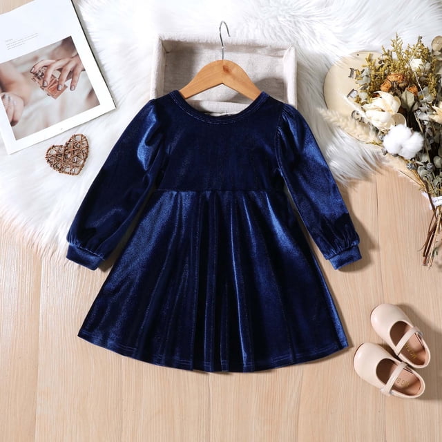 YUTK Robe pour Fille en Liquidation, Robe Longue à Manches Longues Plissée à Col Rond, Nouvelle et Tendance pour Fille, Couleur Unie, Bleue