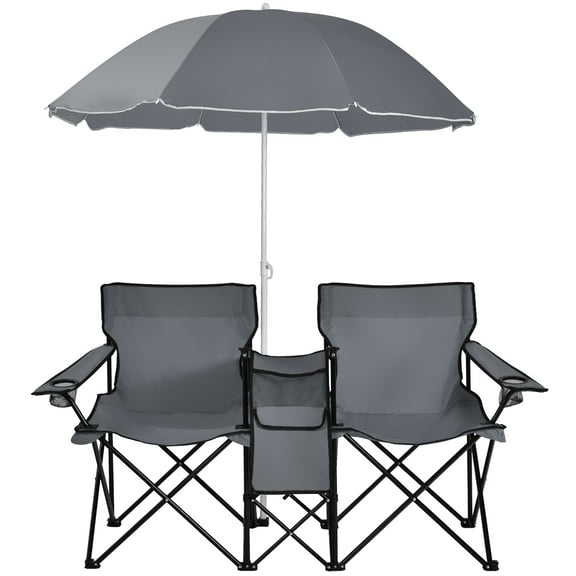 Costway Portable Folding Picnic Double Chair W/Umbrella Table Cooler Beach Camping Gray