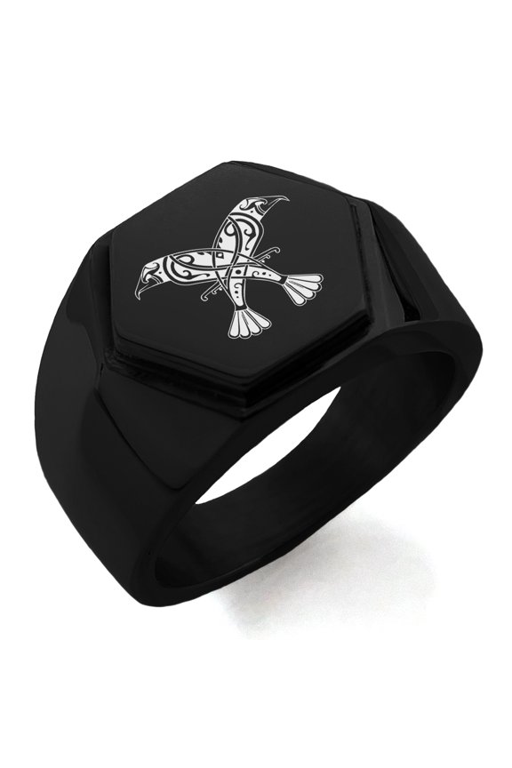Stainless Steel Huginn & Muninn Odin's Twin Ravens Engraved Hexagon Crest Flat Top Biker Style Polished Ring
