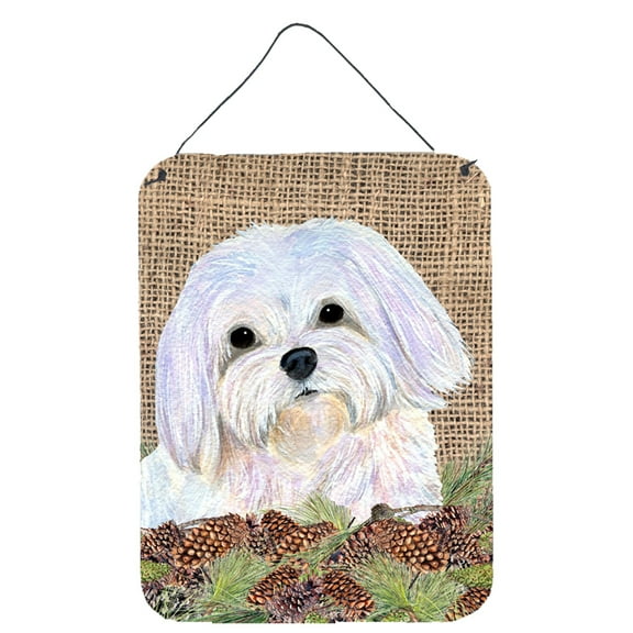 Carolines Treasures SS4073DS1216 Maltese on Faux Burlap with Pine Cones Wall or Door Hanging Prints 12WX16H multicolor