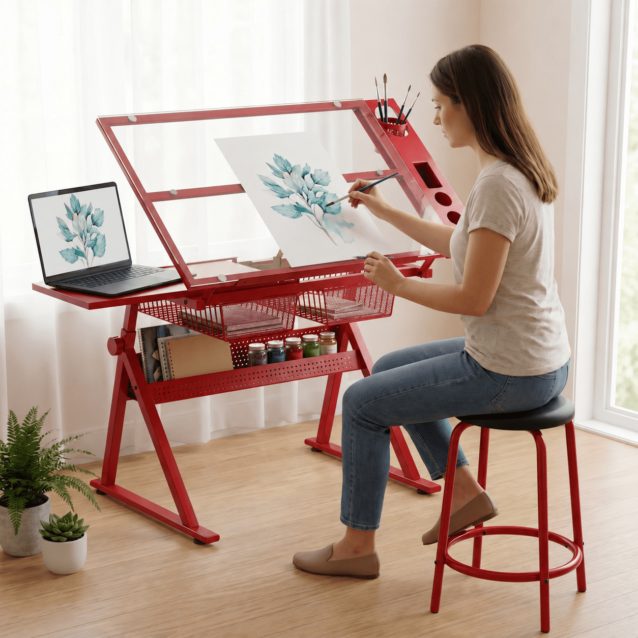 Adjustable Tempered Glass Drafting Table with Chair, 0-75° Tiltable Drawing Table with Height Adjustment, Metal Storage Rack & 2 Drawers, Art Craft Workstation for Printing Drafting