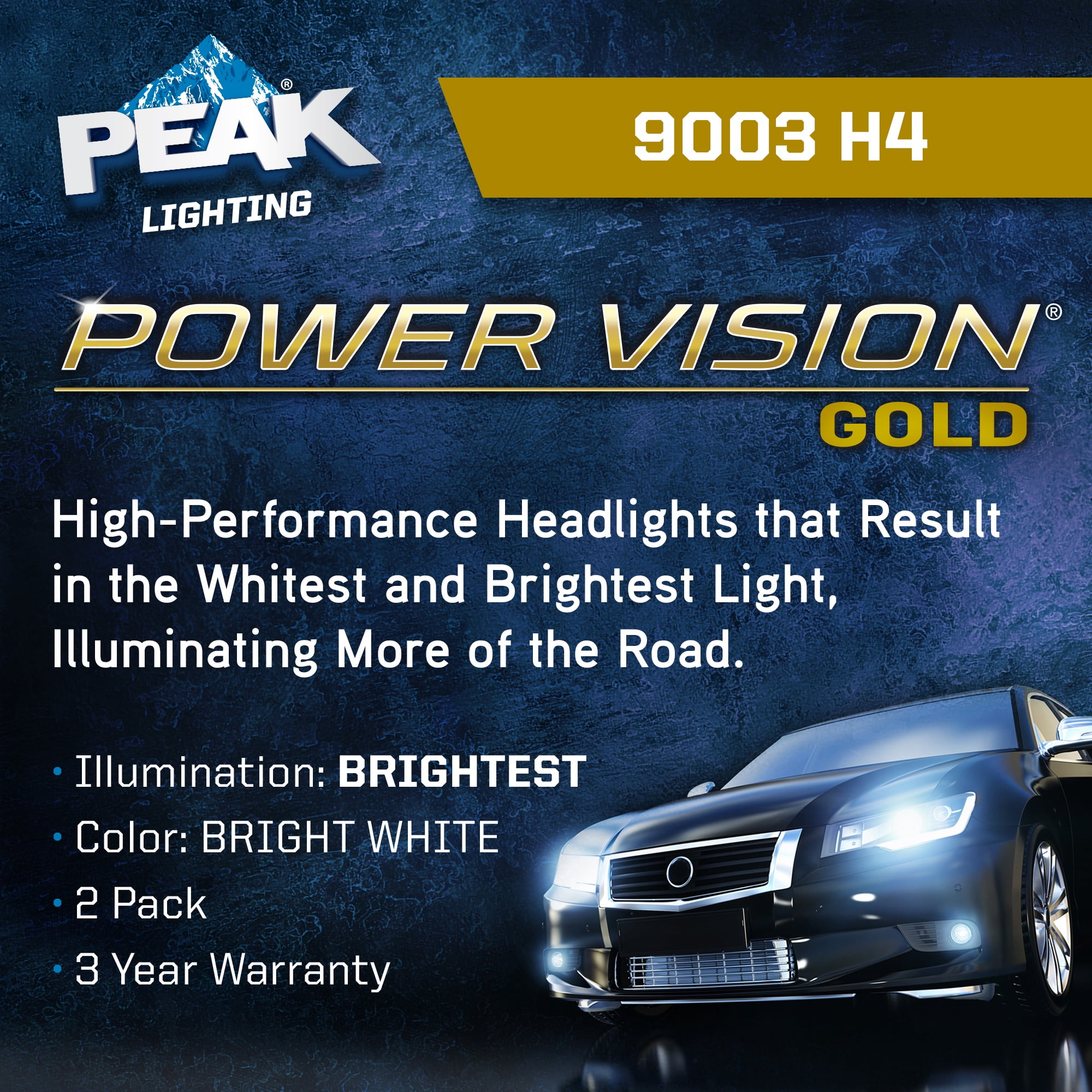 PEAK Power Vision Gold Automotive High Performance 9003/H4/HB2 60/55W Headlights (2 Pack)