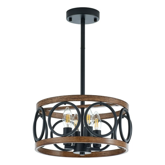 Wozzio Modern Farmhouse 4-Light Black metal pole with brown wood Drum Chandelier for Dining Areas with No Bulbs Included