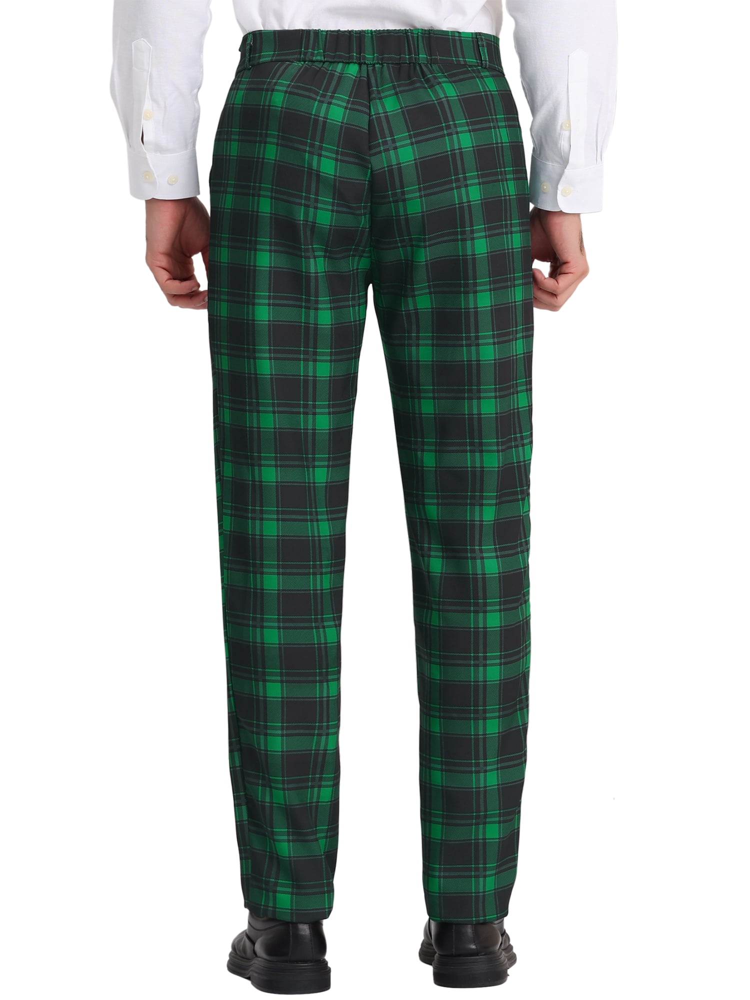 Unique Bargains Men's Checked Suit Pants Flat Front Elastic Waist Plaid Pants 32 Green