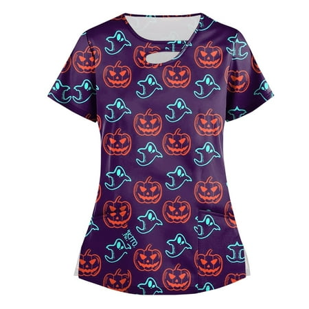 

HHei_K teal scrubs for women Womens Tops Stretchy Fashion Printed Work With Pocket T-Shirt Short Sleeve Top