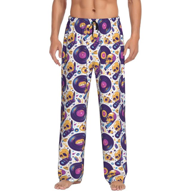 Fotbe record rock Skull star Pantalones de Pijama para Hombre, Pantalones de Dormir, Pantalones de Casa con Cintura Ajustable y Bolsillos-X-Large