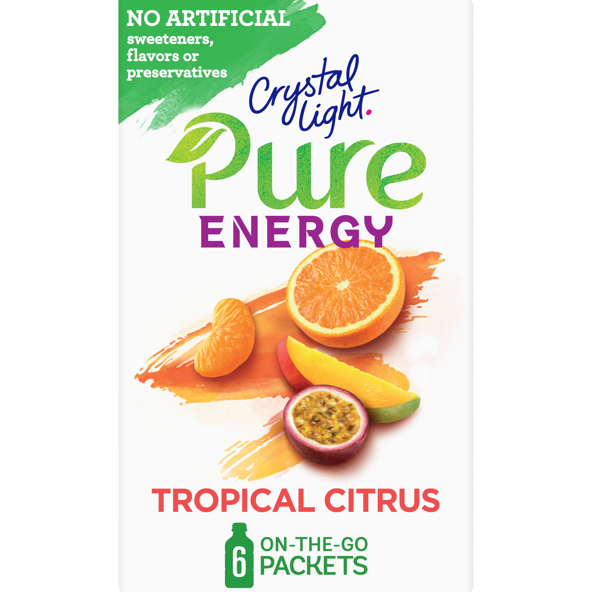Crystal Light Pure Energy Tropical Citrus Naturally Flavored Powdered Drink Mix with Caffeine & No Artificial Sweeteners, 6 ct On-the-Go Packets