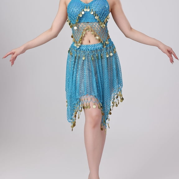 DYTTDG Mesh Sequin Coin Exotic Belly Dance Skirt with Asymmetric Tassels | Sparkling Performance Skirt for Stage, Dance & Party
