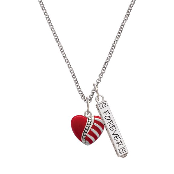 Delight Jewelry Silvertone Striped Red Enamel Heart with Beaded Decoration Silvertone Forever Bar Charm Necklace, 23"