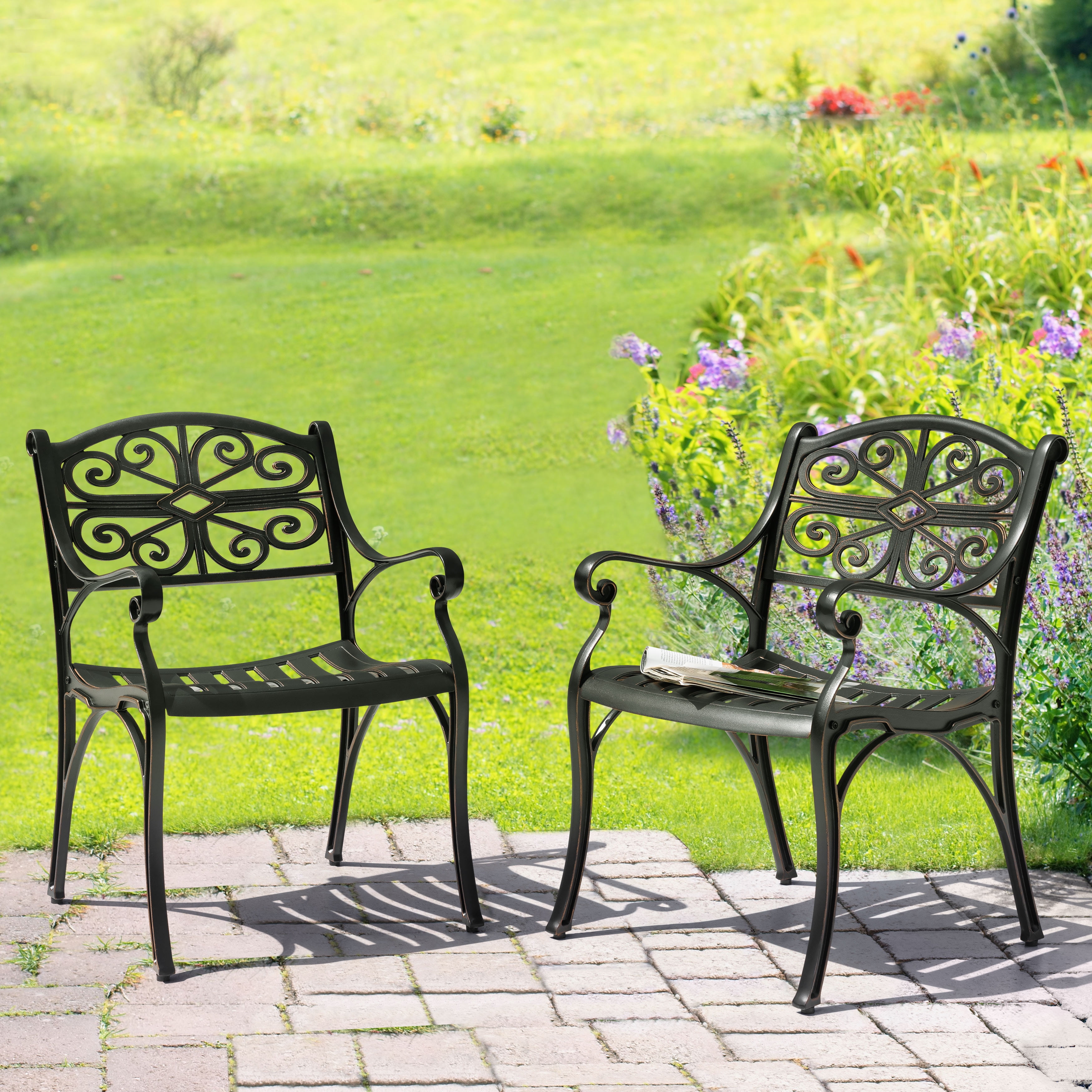 Nuu Garden Patio Dining Chairs with Armrests, Weather Resistant Cast Aluminum Bistro Chairs of 2, Outdoor Chairs for Garden Lawn Porch Backyard Pool, Black