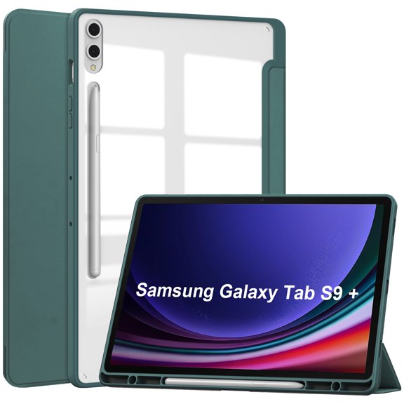 Case for Samsung Galaxy Tab S10 Plus 12.4" 2024 with [S Pen Holder], [Tri-Fold Flip Kickstand] Shockproof Protective Transparent Clear Back Tablet Cover with Auto Wake/Sleep, Darkgreen