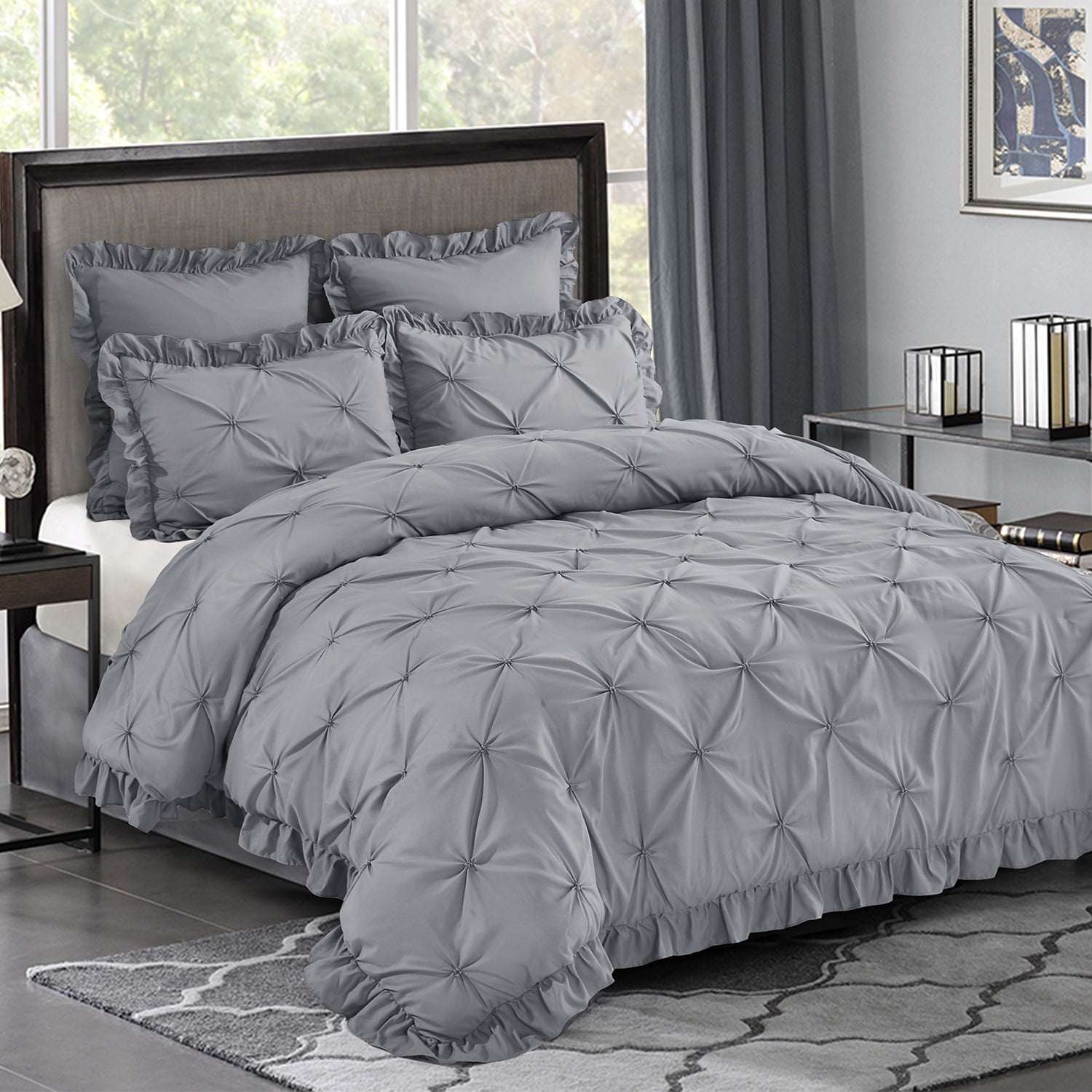 Gray Grey White Striped Pintuck Pleat 10 pc Comforter Set Queen King Bed Bag 