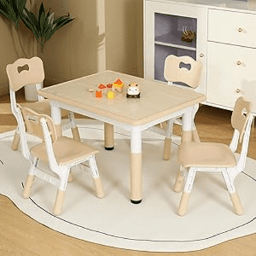 Toddler Table and Chair Set, Height Adjustable Kids Table and Chair Set of 4, 31.5''L x 23.6''W Multifunctional Toddler Table for Reading, Drawing, Eating, for Ages Over 3