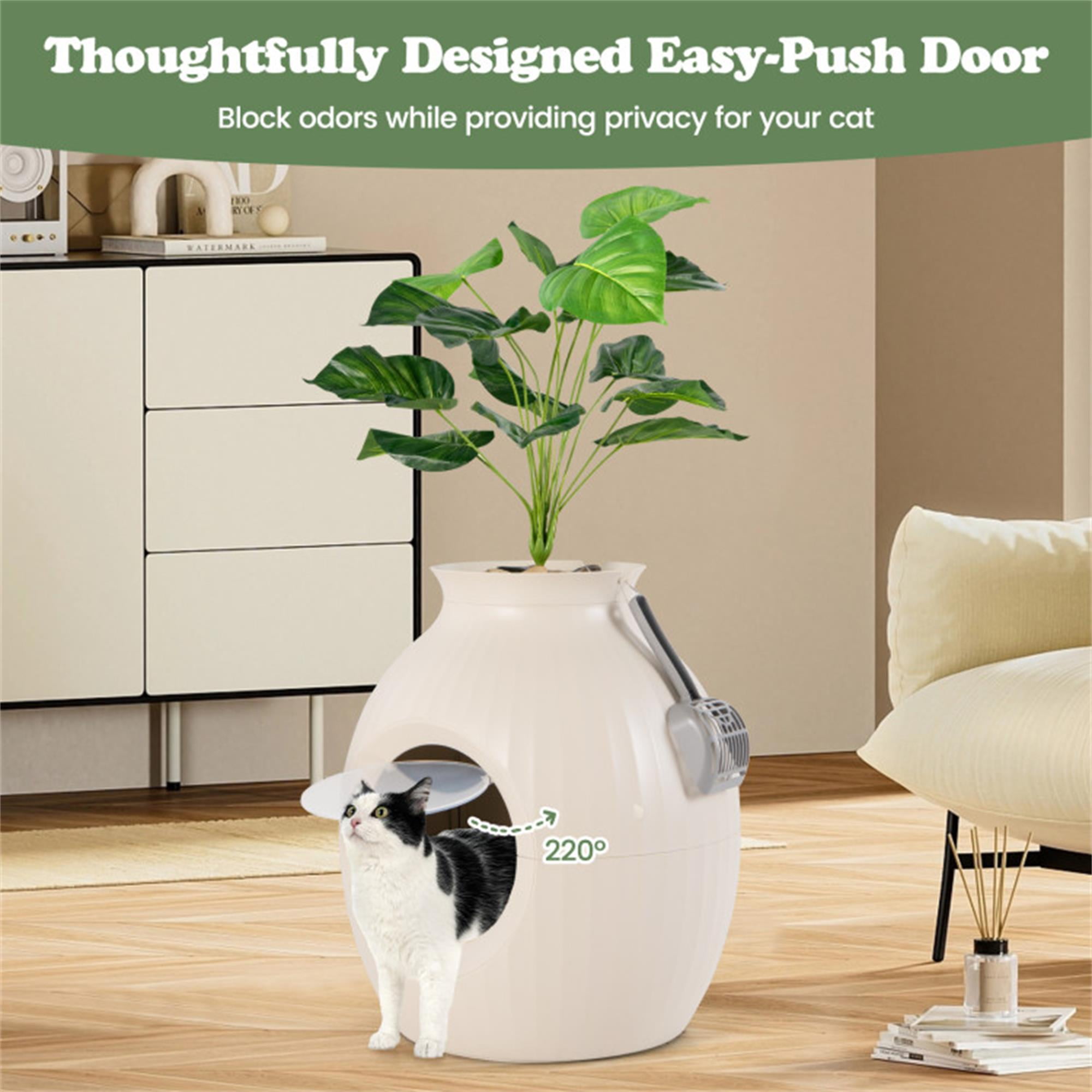 Kadyn 70L Smart Plant Cat Litter Box Enclosure Furniture with Electronic Odor Removal System, Hidden Cat House Washroom with Easy-Push Door, Scoop, Beige