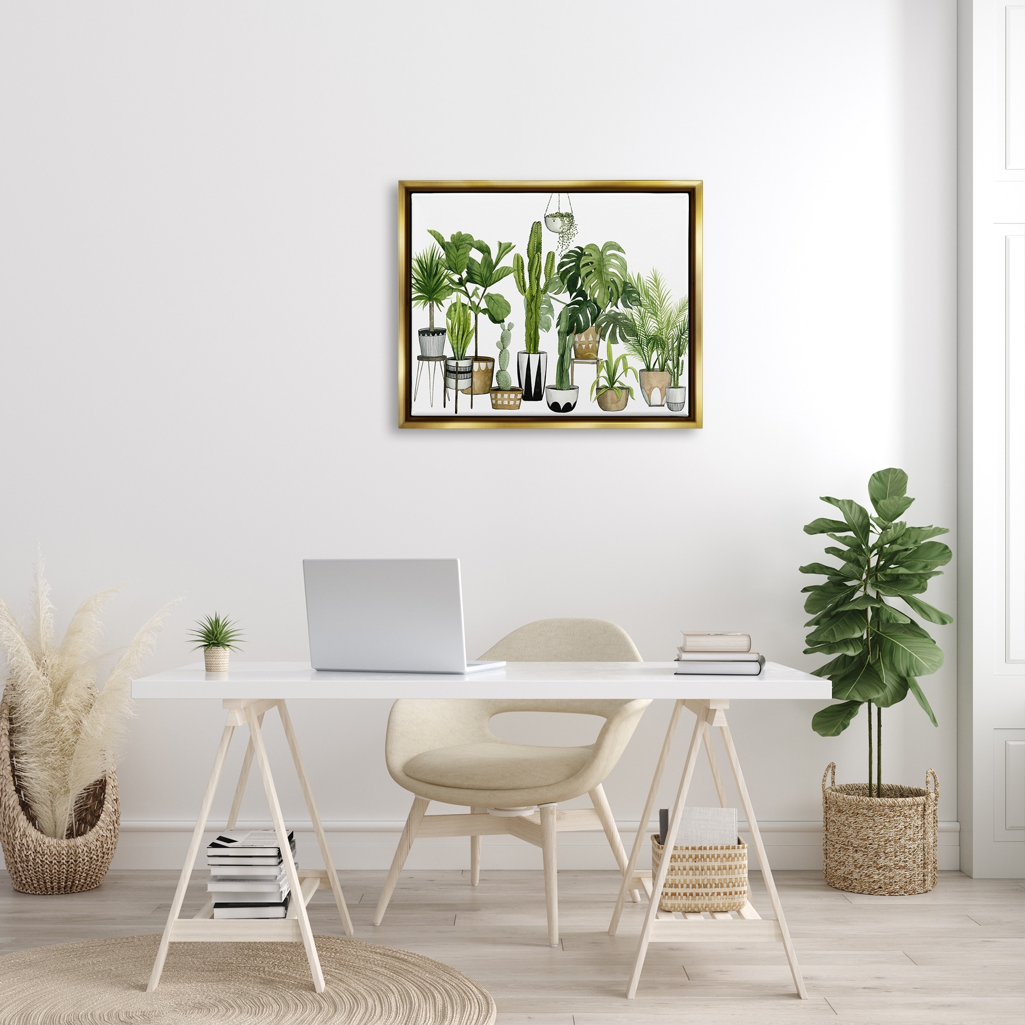 Stupell Industries Boho Plant Scene with Cacti and Succulents in Geometric Pots Watercolor Metallic Gold Framed Floating Canvas Wall Art, 24x30, by Grace Popp