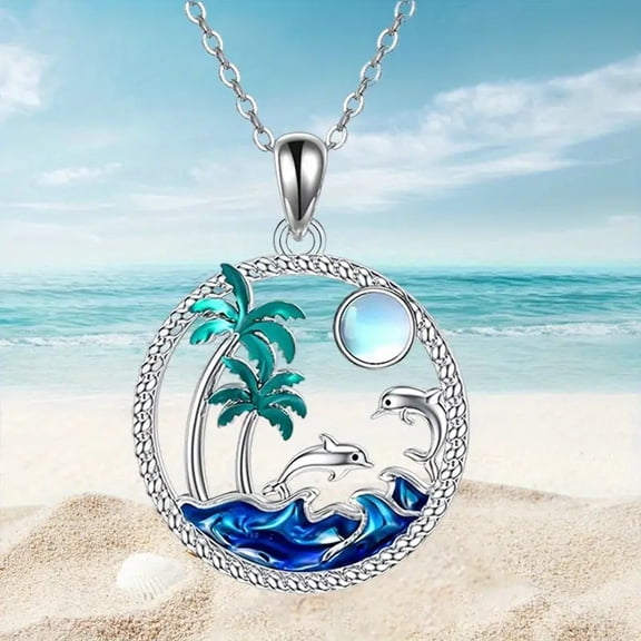 Dolphins & Palm Trees with Moon Necklace