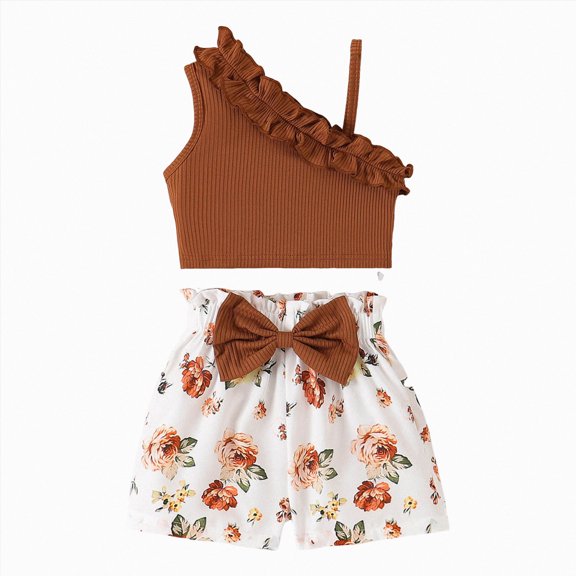 kmaduk Toddler Baby Girl Clothes Summer Outfits Ruffle Sleeveless Linen Shirt Kid Short Set for Girl Brown,Size 5-6 Years